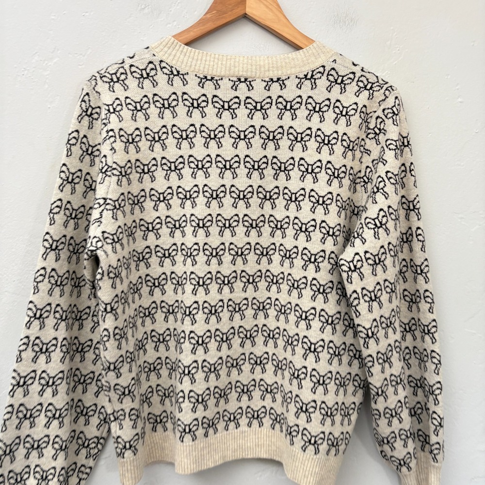 ICHI Ihbrielle Knit Cardigan Women Size Medium Bows Beige Black Button Up - Picture 11 of 15